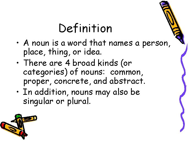 Definition • A noun is a word that names a person, place, thing, or