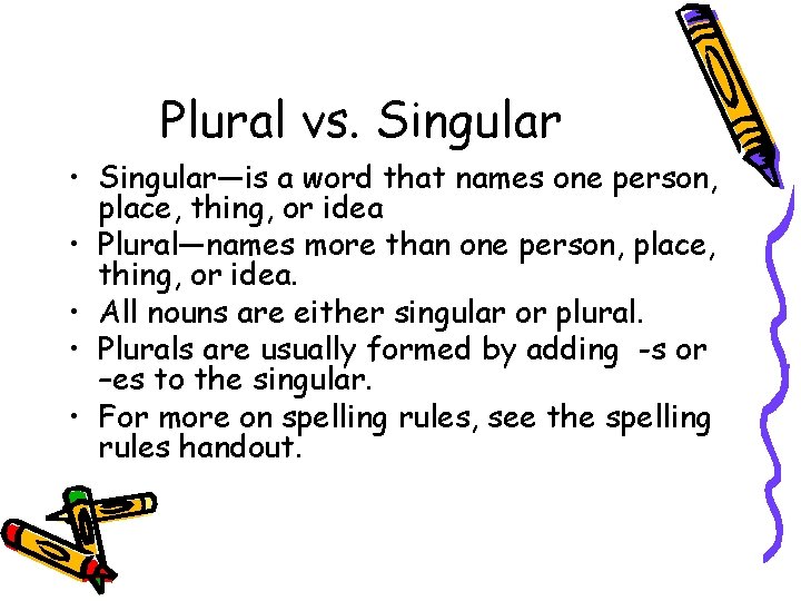 Plural vs. Singular • Singular—is a word that names one person, place, thing, or