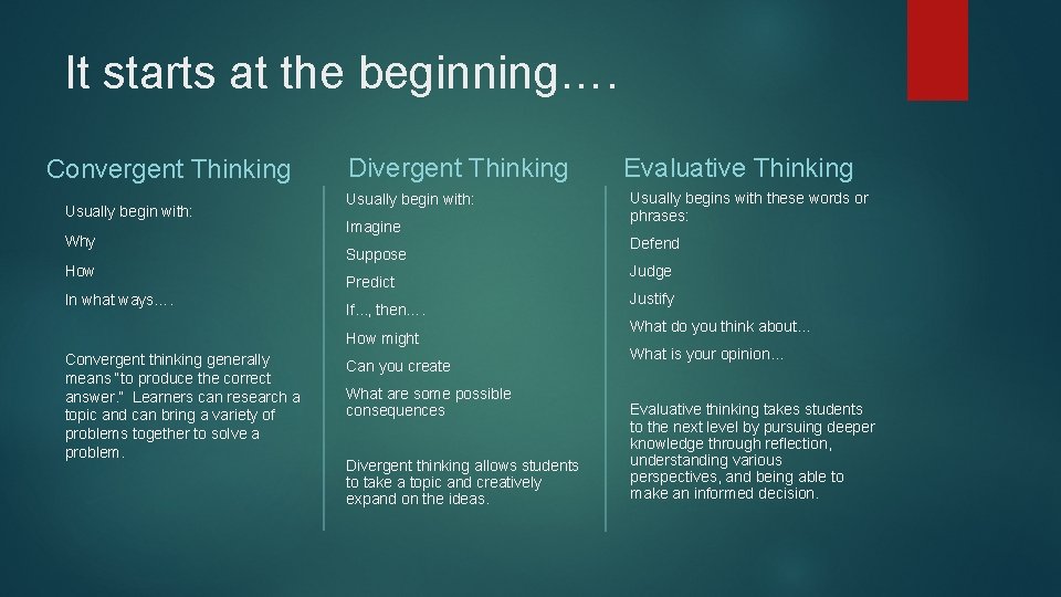 It starts at the beginning…. Convergent Thinking Usually begin with: Why How In what