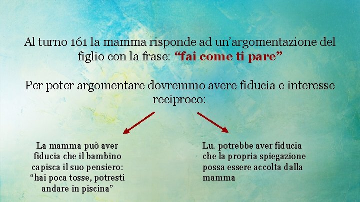 Al turno 161 la mamma risponde ad un’argomentazione del figlio con la frase: “fai