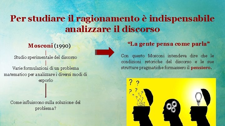 Per studiare il ragionamento è indispensabile analizzare il discorso Mosconi (1990) Studio sperimentale del