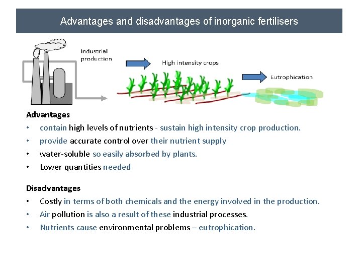 Advantages and disadvantages of inorganic fertilisers Advantages • contain high levels of nutrients -