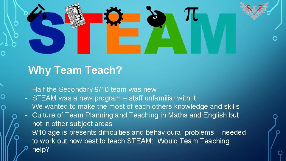 Why Team Teach? - Half the Secondary 9/10 team was new STEAM was a
