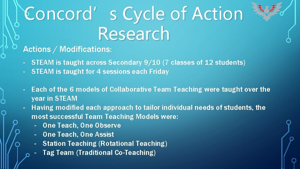 Concord’s Cycle of Action Research Actions / Modifications: - STEAM is taught across Secondary