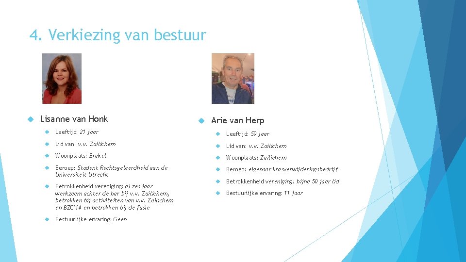 4. Verkiezing van bestuur Lisanne van Honk Arie van Herp Leeftijd: 21 jaar Leeftijd: