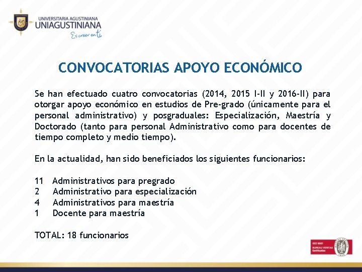 CONVOCATORIAS APOYO ECONÓMICO Se han efectuado cuatro convocatorias (2014, 2015 I-II y 2016 -II)