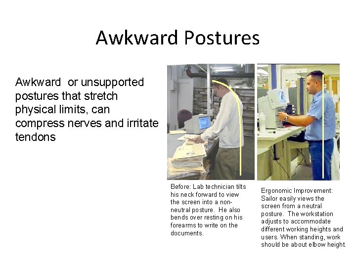 Awkward Postures Awkward or unsupported postures that stretch physical limits, can compress nerves and