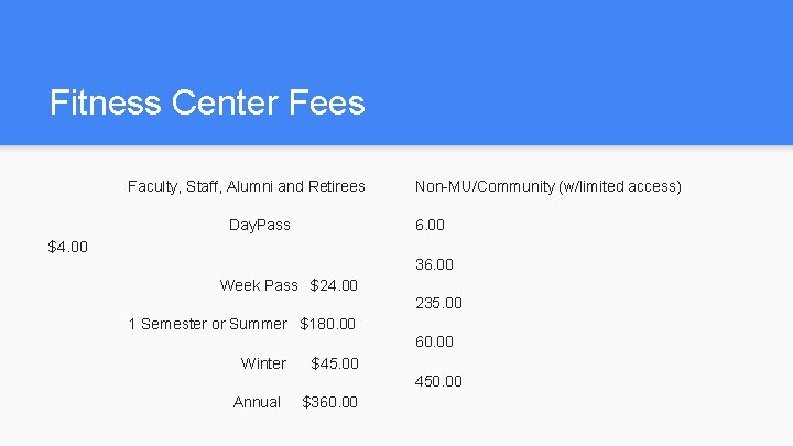 Fitness Center Fees Faculty, Staff, Alumni and Retirees Day. Pass Non-MU/Community (w/limited access) 6.