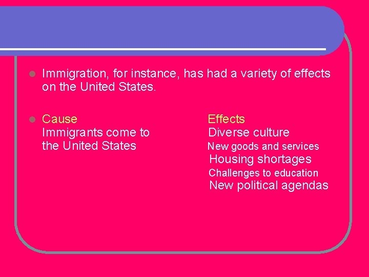 l Immigration, for instance, has had a variety of effects on the United States.