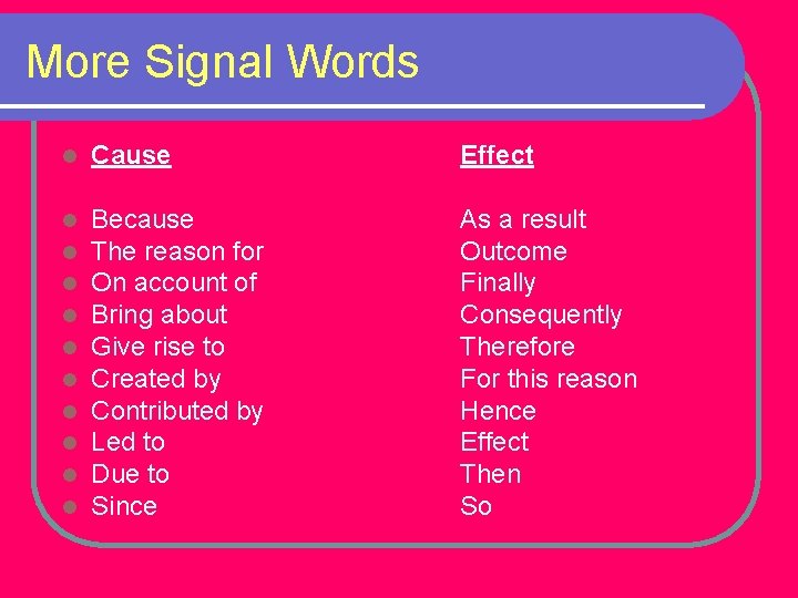 More Signal Words l Cause Effect l l l l l Because The reason