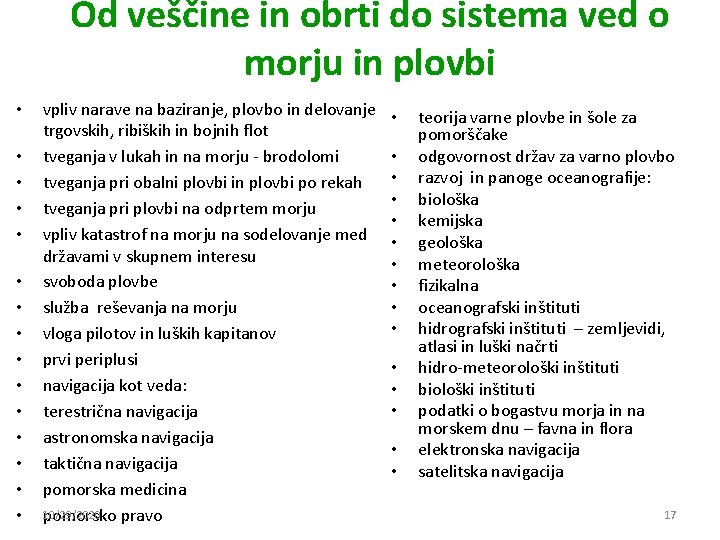Od veščine in obrti do sistema ved o morju in plovbi • • • Od veščine in obrti do sistema ved o morju in plovbi • • •