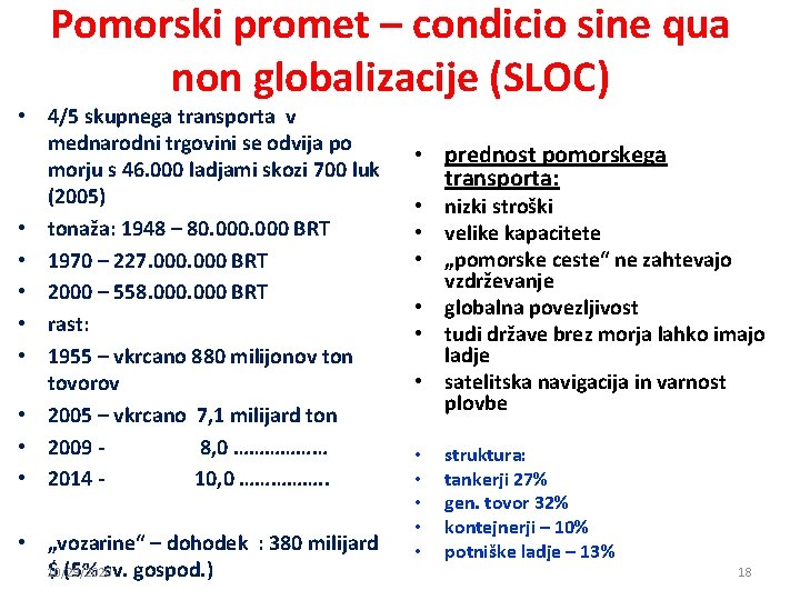 Pomorski promet – condicio sine qua non globalizacije (SLOC) • 4/5 skupnega transporta v Pomorski promet – condicio sine qua non globalizacije (SLOC) • 4/5 skupnega transporta v