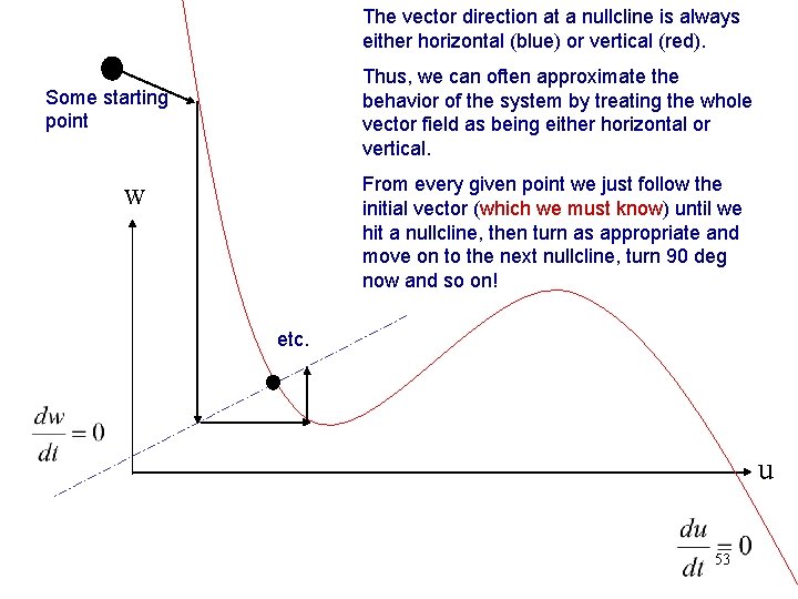 The vector direction at a nullcline is always either horizontal (blue) or vertical (red).