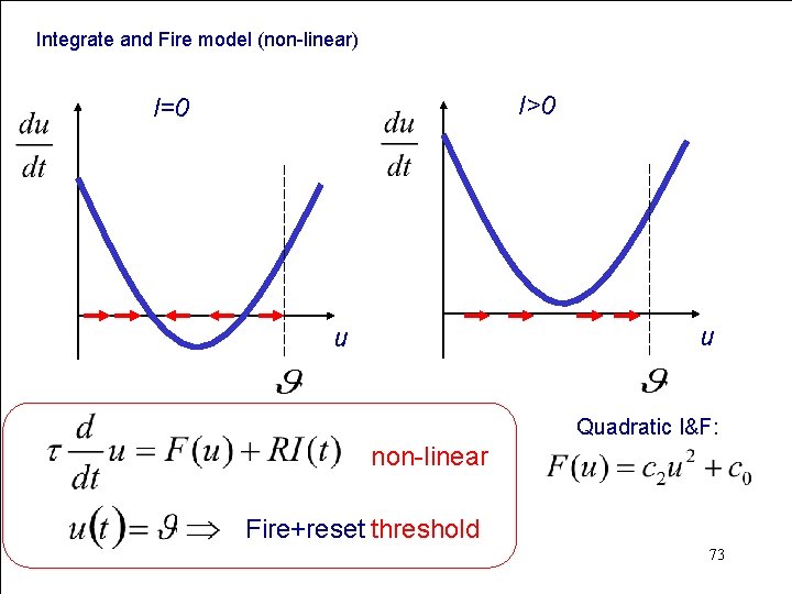 Integrate and Fire model (non-linear) I>0 I=0 u u Quadratic I&F: non-linear Fire+reset threshold