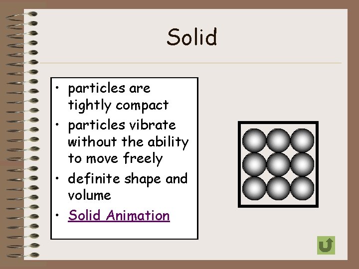 Solid • particles are tightly compact • particles vibrate without the ability to move