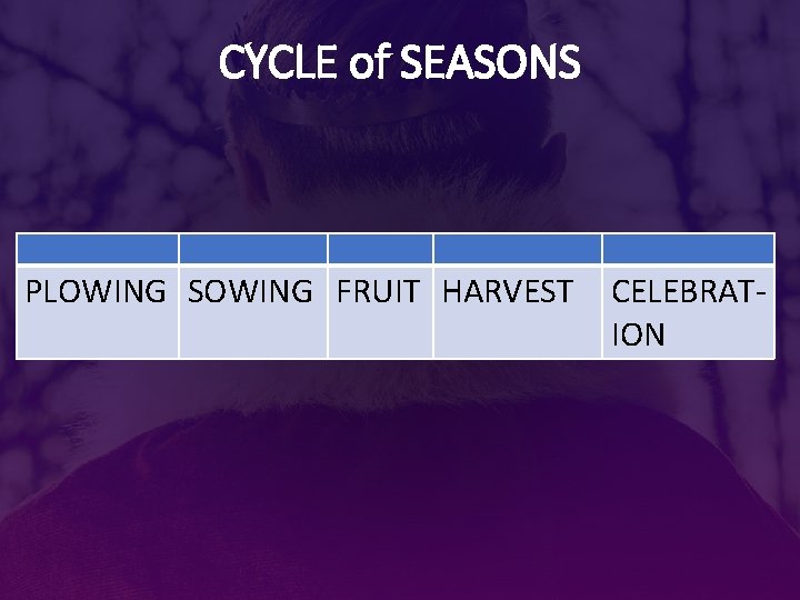 CYCLE of SEASONS PLOWING SOWING FRUIT HARVEST CELEBRATION 