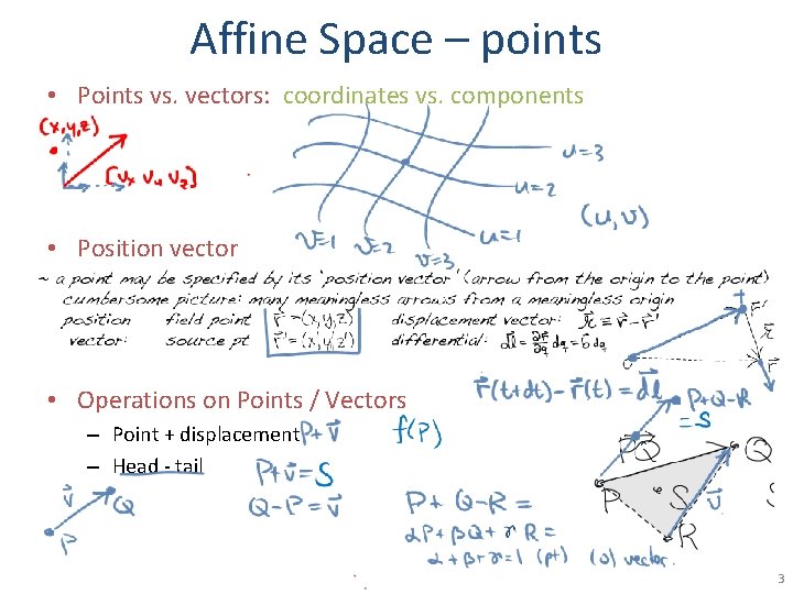 Affine Space – points • Points vs. vectors: coordinates vs. components • Position vector