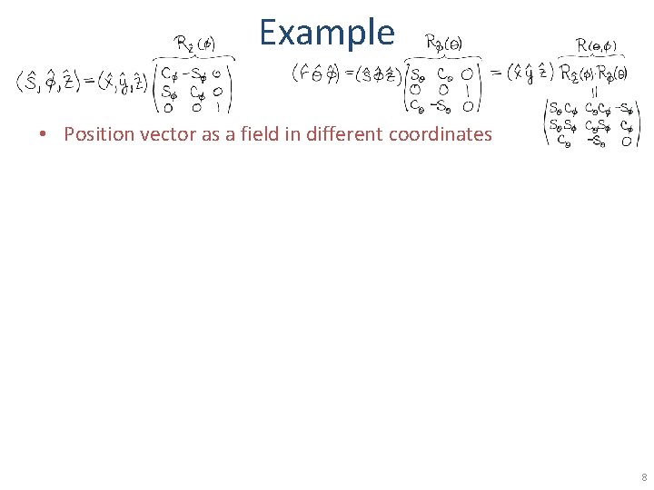 Example • Position vector as a field in different coordinates 8 