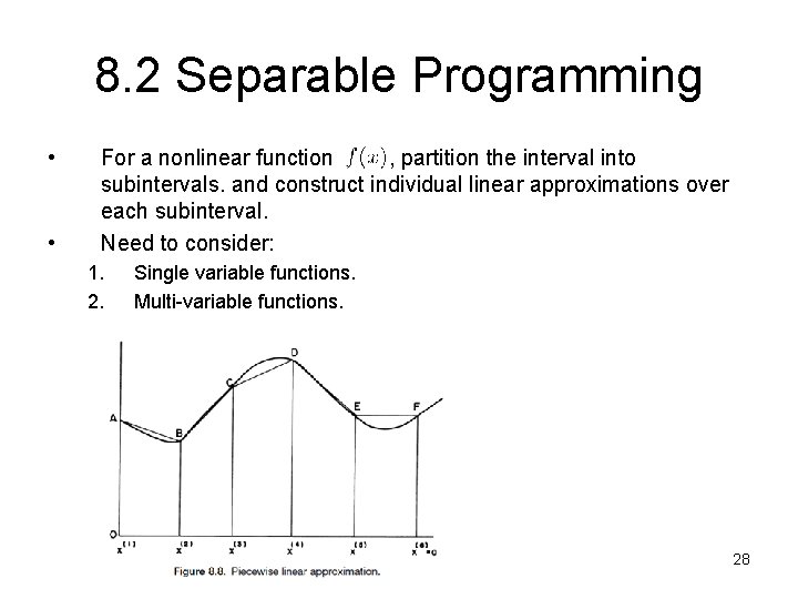 8. 2 Separable Programming • • For a nonlinear function , partition the interval