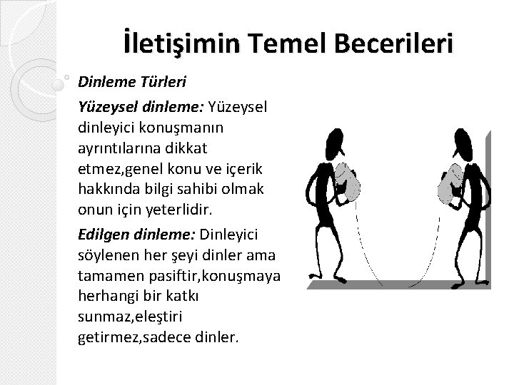 İletişimin Temel Becerileri Dinleme Türleri Yüzeysel dinleme: Yüzeysel dinleyici konuşmanın ayrıntılarına dikkat etmez, genel