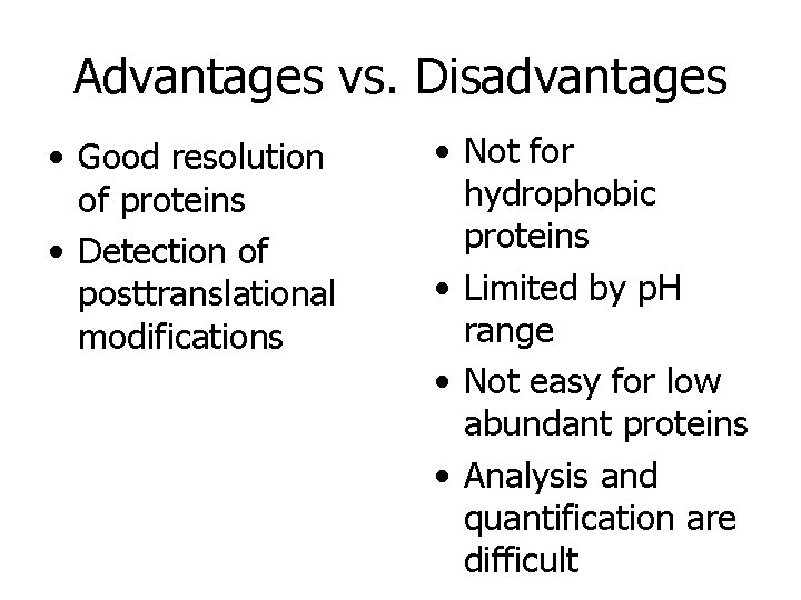 Advantages vs. Disadvantages • Good resolution of proteins • Detection of posttranslational modifications •