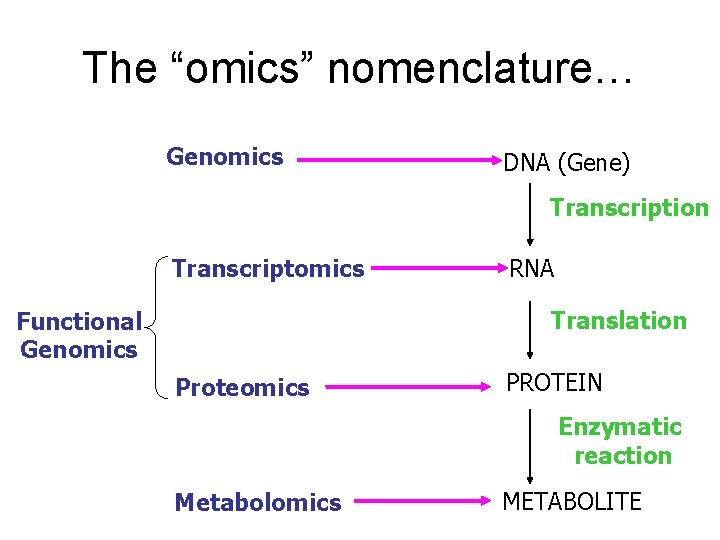 The “omics” nomenclature… Genomics DNA (Gene) Transcription Transcriptomics RNA Translation Functional Genomics Proteomics PROTEIN