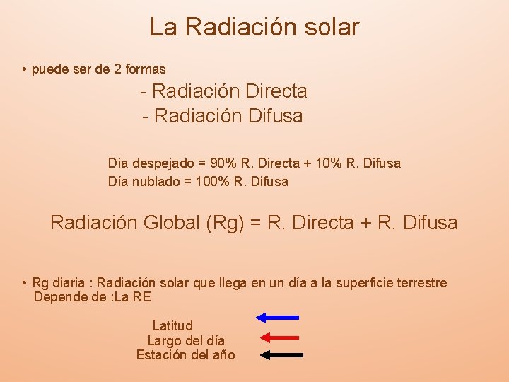 La Radiación solar • puede ser de 2 formas - Radiación Directa - Radiación