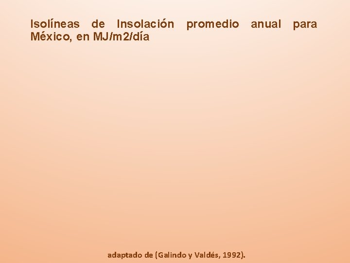 Isolíneas de Insolación promedio anual para México, en MJ/m 2/día adaptado de (Galindo y