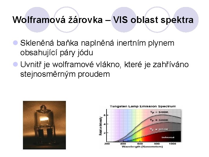 Wolframová žárovka – VIS oblast spektra l Skleněná baňka naplněná inertním plynem obsahující páry