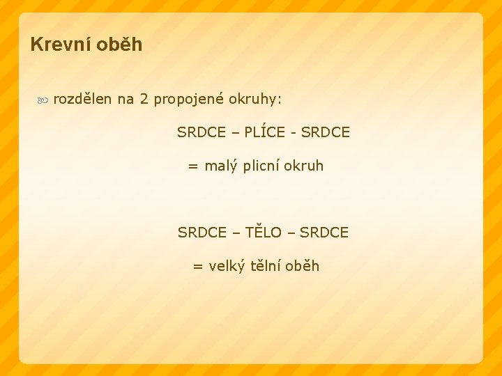 Krevní oběh rozdělen na 2 propojené okruhy: SRDCE – PLÍCE - SRDCE = malý