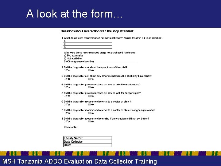 A look at the form… MSH Tanzania ADDO Evaluation Data Collector Training 