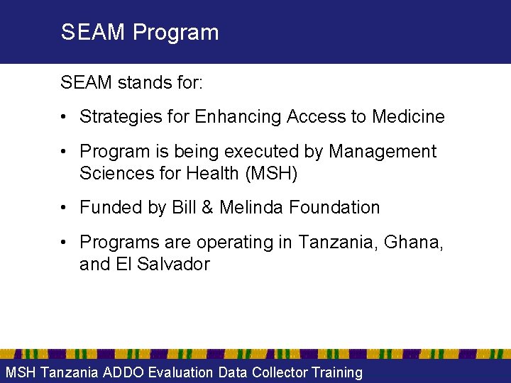 SEAM Program SEAM stands for: • Strategies for Enhancing Access to Medicine • Program