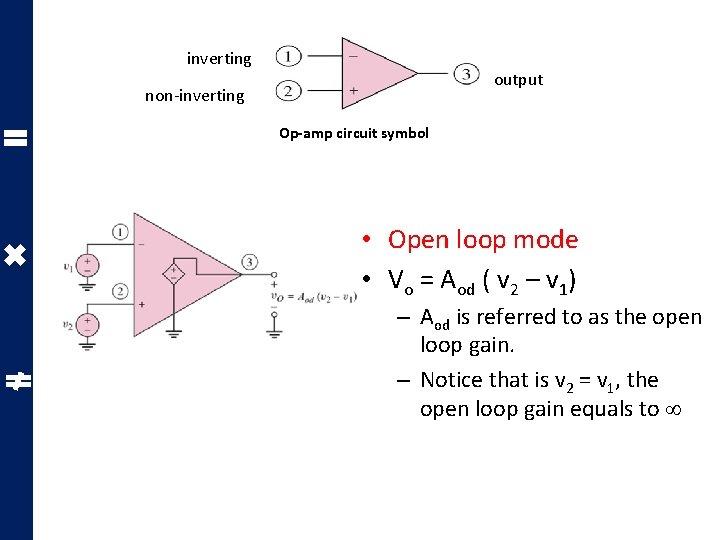 inverting output non-inverting Op-amp circuit symbol • Open loop mode • Vo = Aod