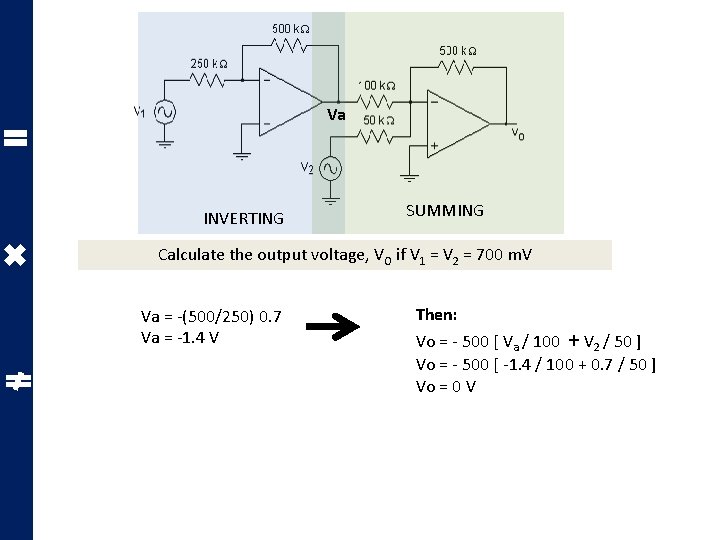 Va INVERTING SUMMING Calculate the output voltage, VO if V 1 = V 2