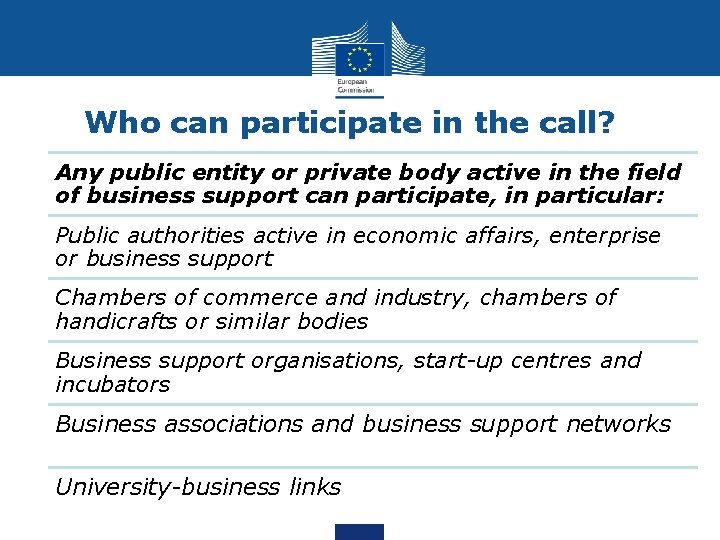 Who can participate in the call? Any public entity or private body active in