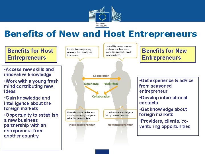 Benefits of New and Host Entrepreneurs Benefits for Host Entrepreneurs • Access new skills