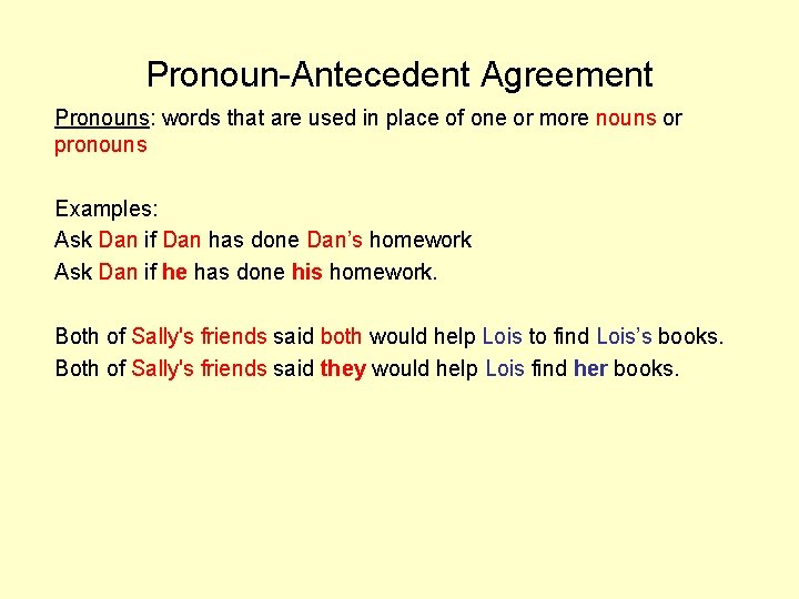 Pronoun-Antecedent Agreement Pronouns: words that are used in place of one or more nouns