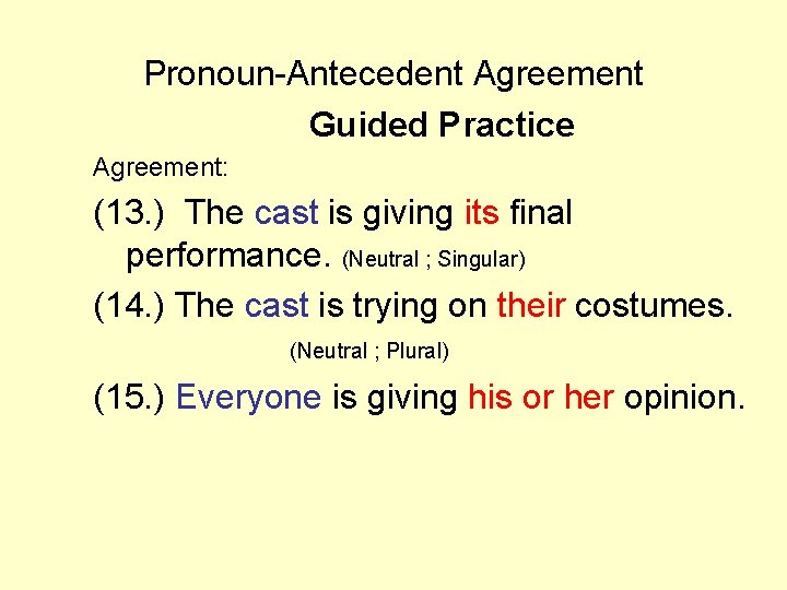 Pronoun-Antecedent Agreement Guided Practice Agreement: (13. ) The cast is giving its final performance.