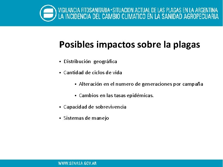 Posibles impactos sobre la plagas § Distribución geográfica § Cantidad de ciclos de vida