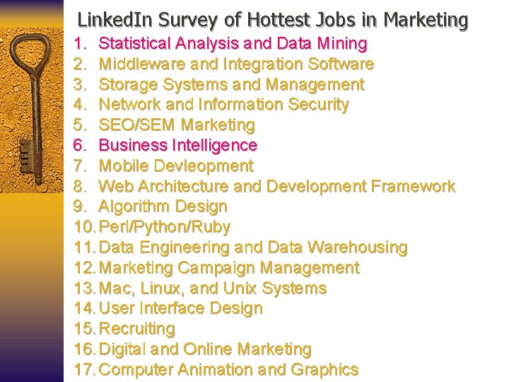 Linked. In Survey of Hottest Jobs in Marketing 1. Statistical Analysis and Data Mining