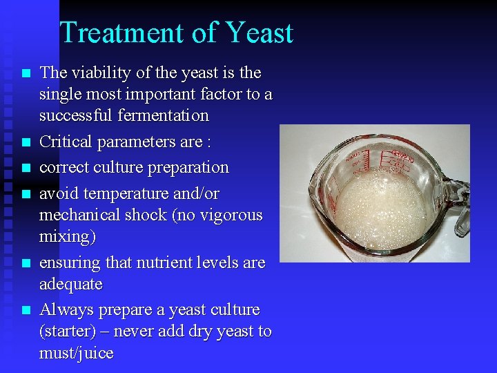 Treatment of Yeast n n n The viability of the yeast is the single