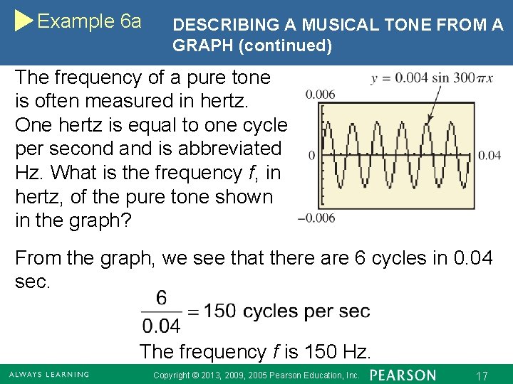 Example 6 a DESCRIBING A MUSICAL TONE FROM A GRAPH (continued) The frequency of