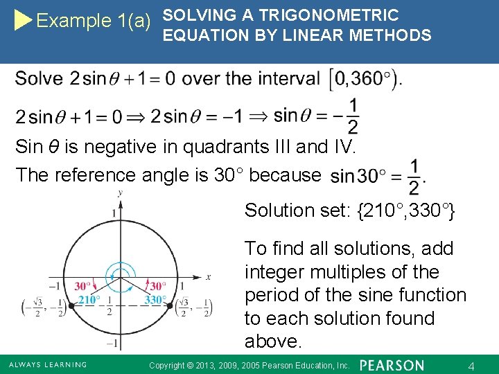 Example 1(a) SOLVING A TRIGONOMETRIC EQUATION BY LINEAR METHODS Sin θ is negative in