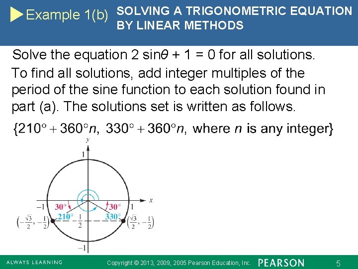 Example 1(b) SOLVING A TRIGONOMETRIC EQUATION BY LINEAR METHODS Solve the equation 2 sinθ