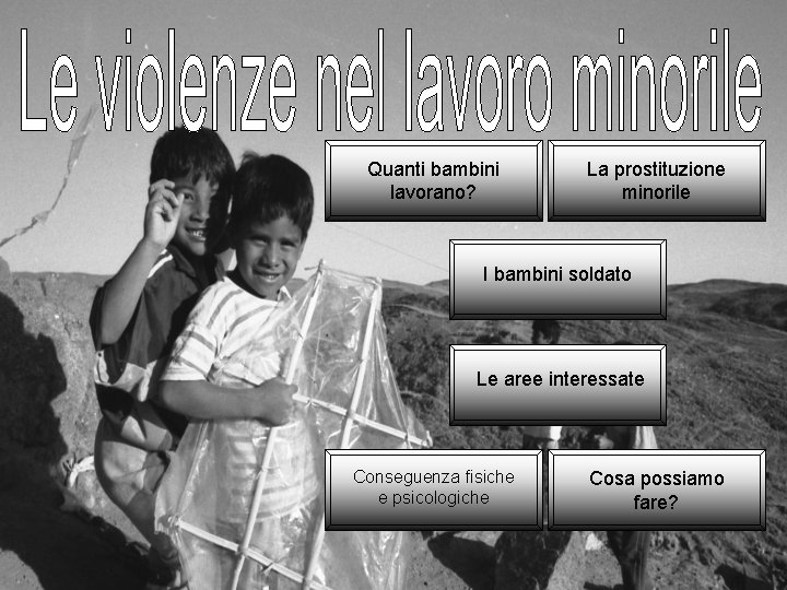 Quanti bambini lavorano? La prostituzione minorile I bambini soldato Le aree interessate Conseguenza fisiche