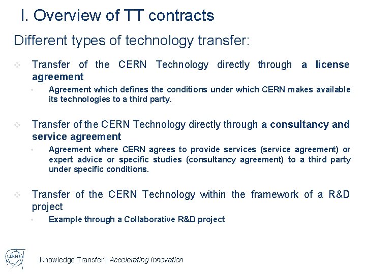 I. Overview of TT contracts Different types of technology transfer: v Transfer of the