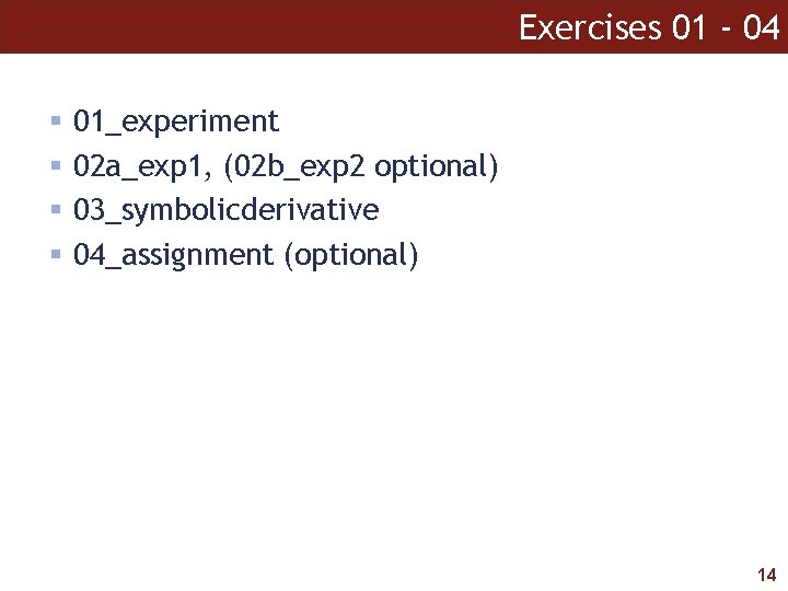 Exercises 01 - 04 01_experiment 02 a_exp 1, (02 b_exp 2 optional) 03_symbolicderivative 04_assignment