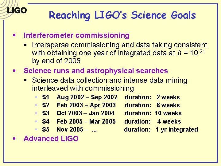 Reaching LIGO’s Science Goals § § Interferometer commissioning § Intersperse commissioning and data taking Reaching LIGO’s Science Goals § § Interferometer commissioning § Intersperse commissioning and data taking