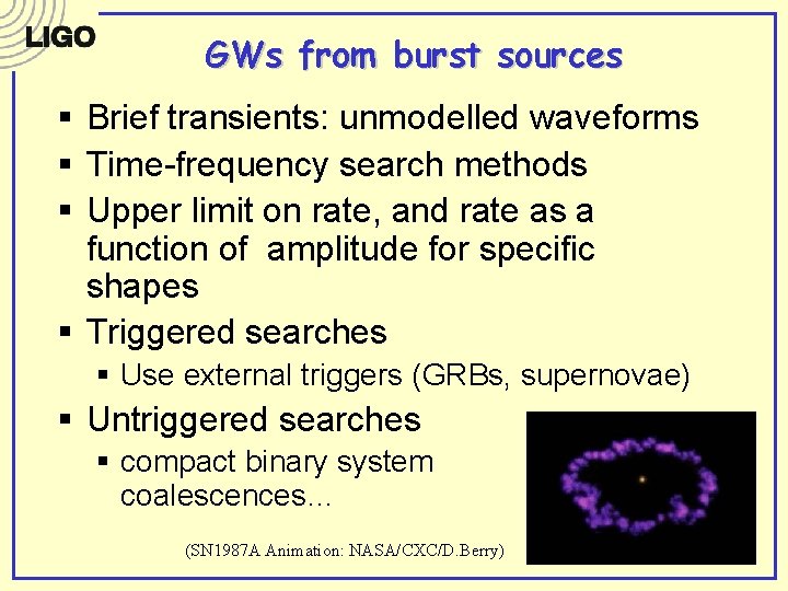 GWs from burst sources § Brief transients: unmodelled waveforms § Time-frequency search methods § GWs from burst sources § Brief transients: unmodelled waveforms § Time-frequency search methods §