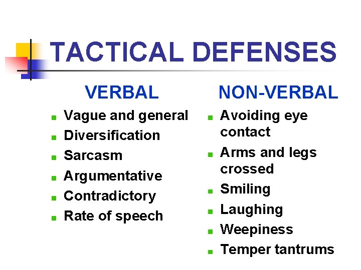 TACTICAL DEFENSES VERBAL Vague and general Diversification Sarcasm Argumentative Contradictory Rate of speech NON-VERBAL